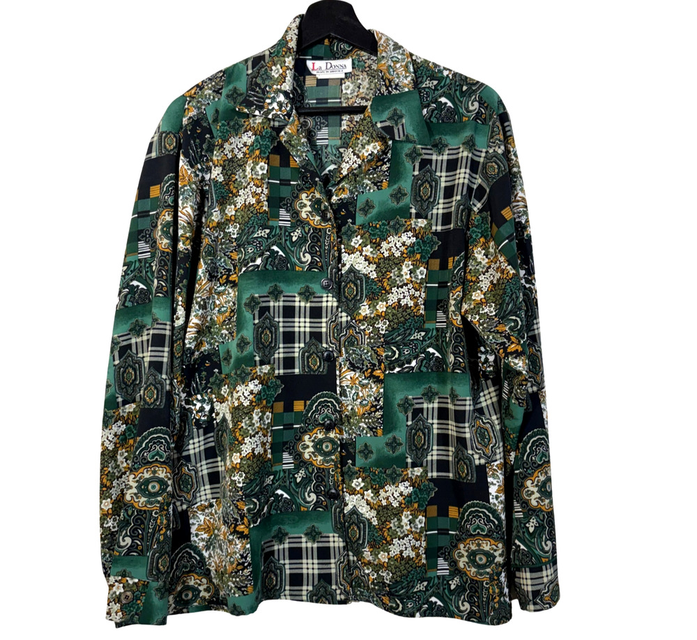70โs Faux Patchwork Shirt Button Down Vintage Hippie Retro Plaid Floral Paisley